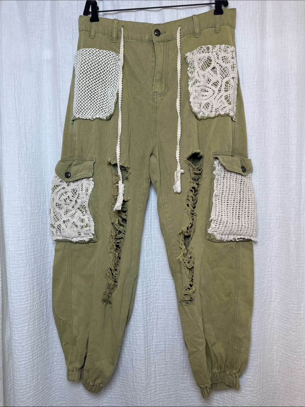 POL Clothing Distressed Crochet Patchwork Cargo Joggers - Olive Green